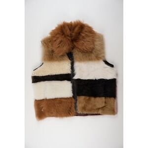 Wolfie Shearling Vest Patchwork Colorblock Brown Tan L Sheepskin Leather NWOT